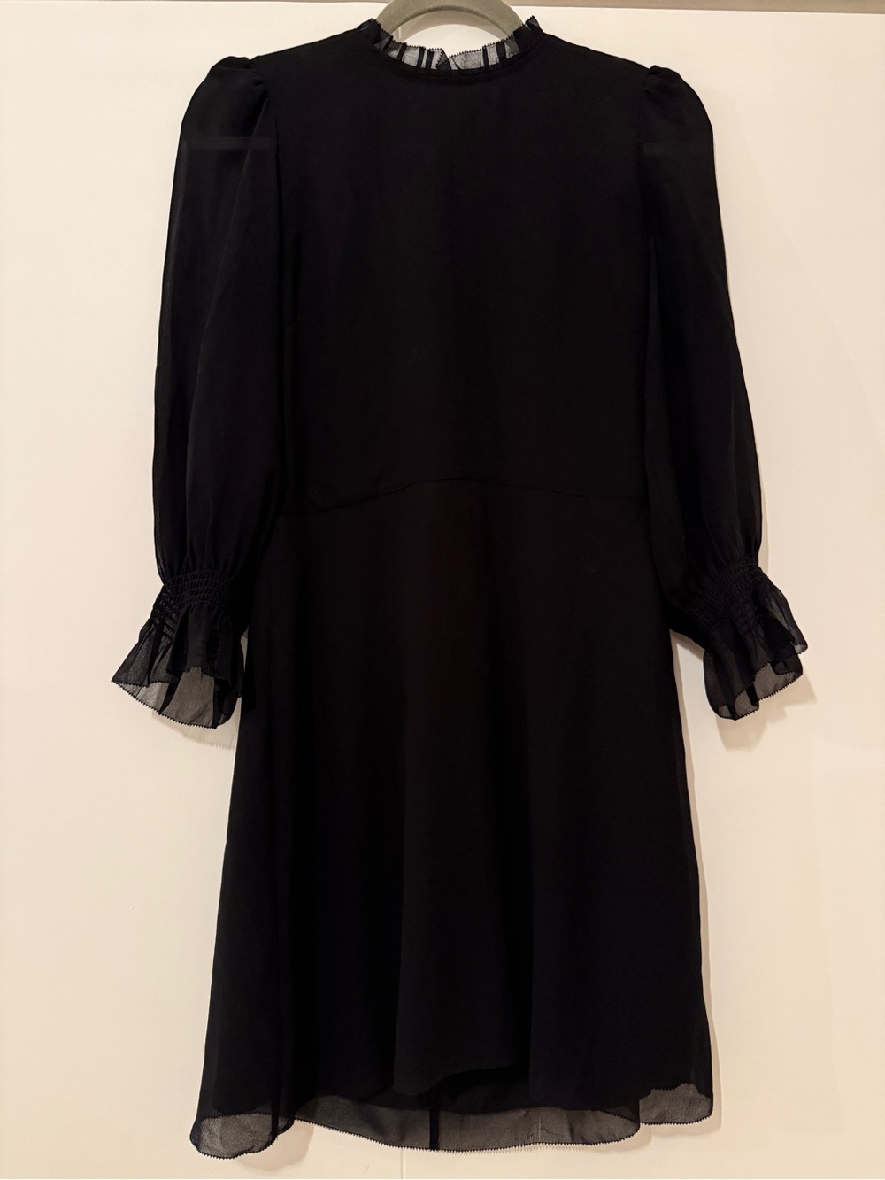 Wilfred Black Mini Dress with Sheer Ruffle Cuffs